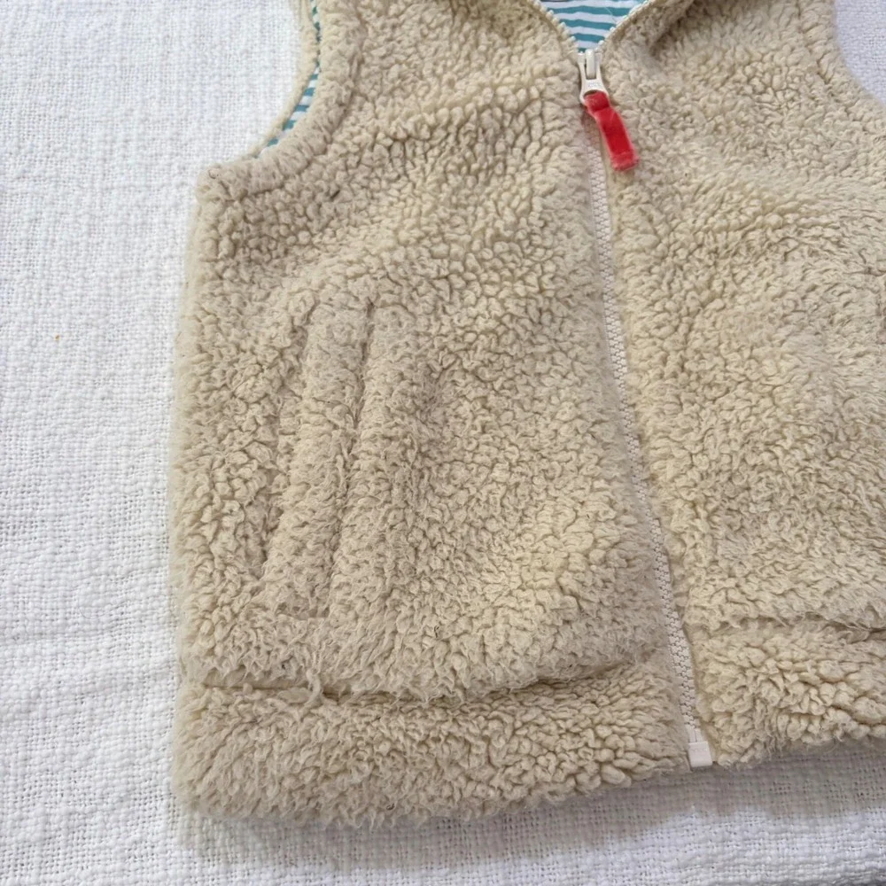 Mini Boden Kids Beige Sherpa Fleece Hooded Vest Zip Up Striped Lining 4-5Y 110cm